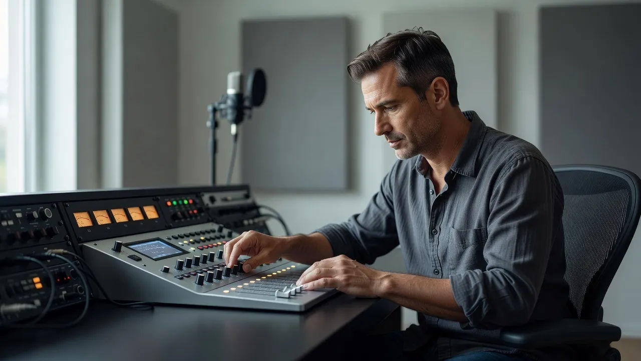 Sound designer shaping a soft narrator voice at a quiet console