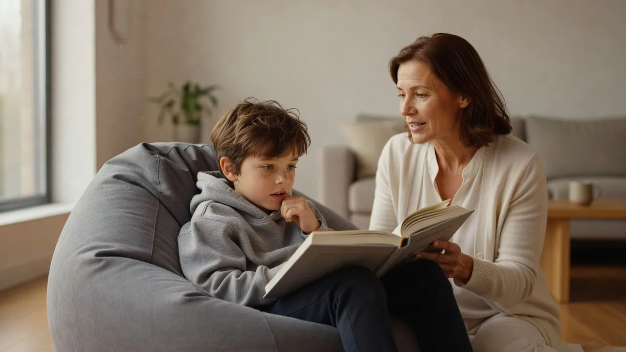 Kid curled in a beanbag listening as a narrator reads a chapter book