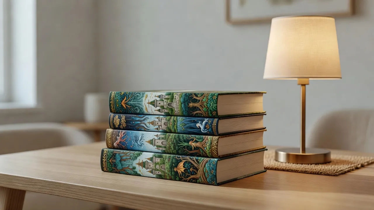 Stack of illustrated chapter books beside a warm reading lamp