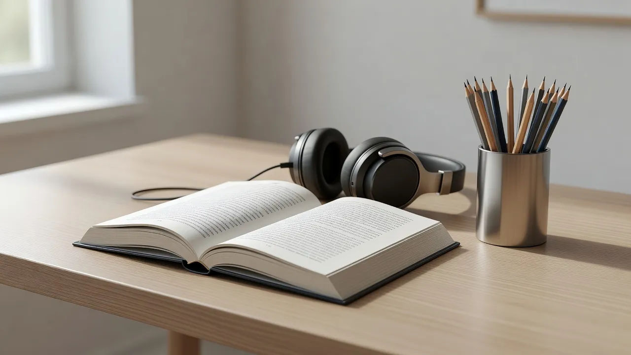 Open chapter book on a desk beside headphones and pencils