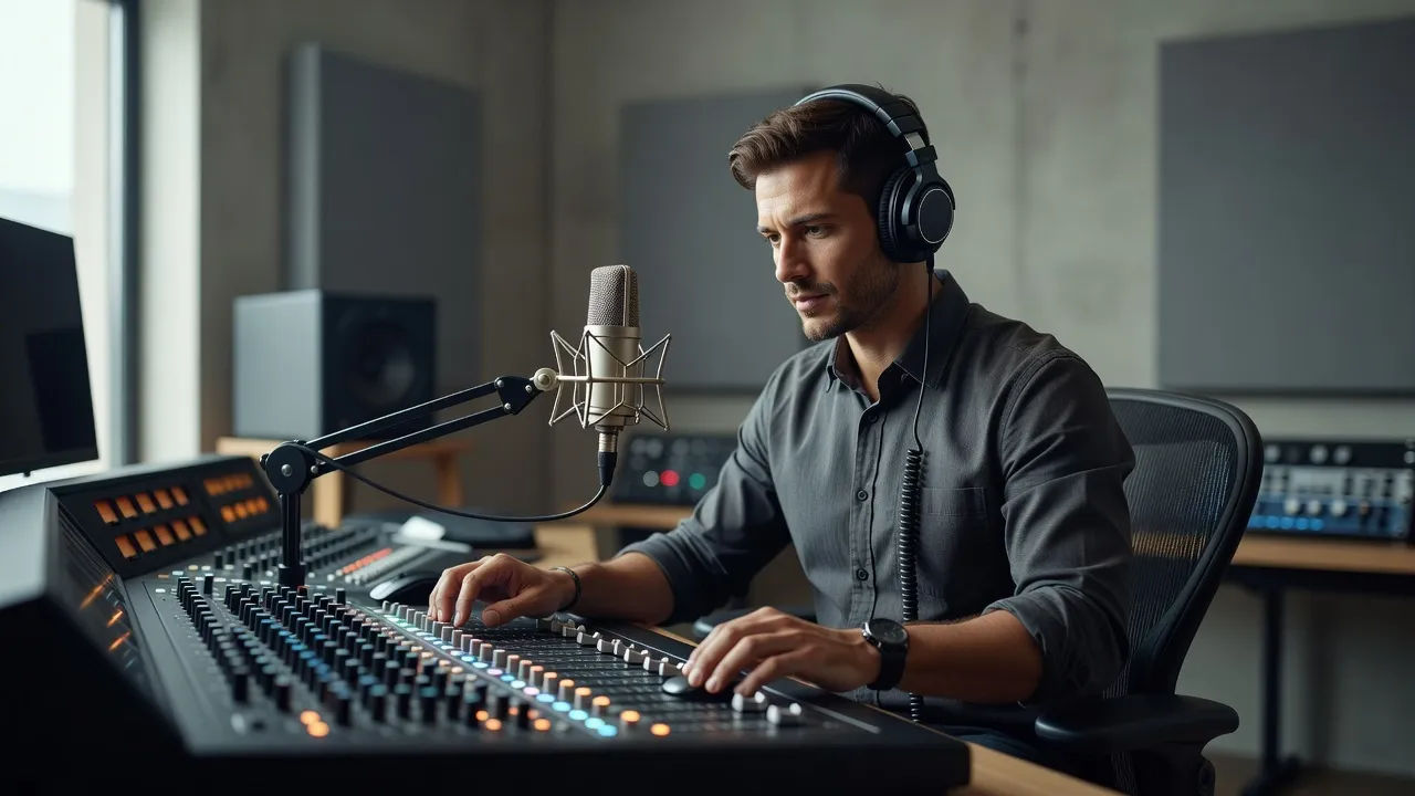 Sound designer shaping a lively narrator voice at a console