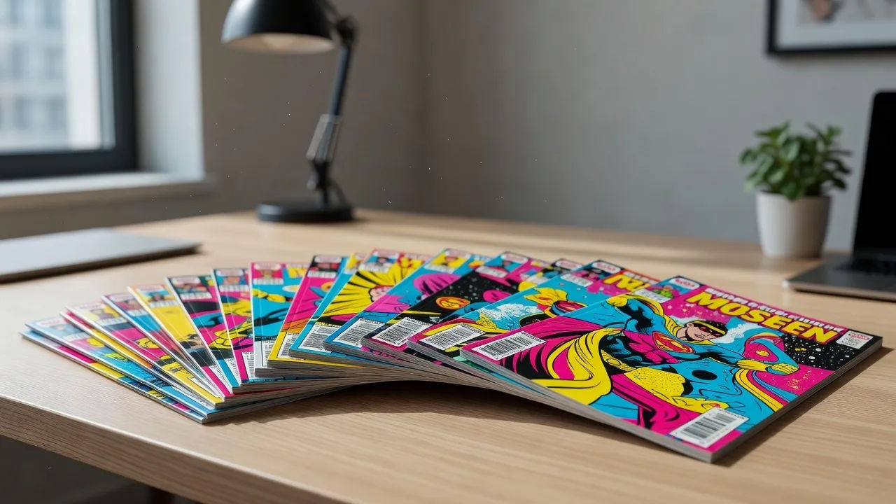 Stack of bright comic issues spread across a studio desk