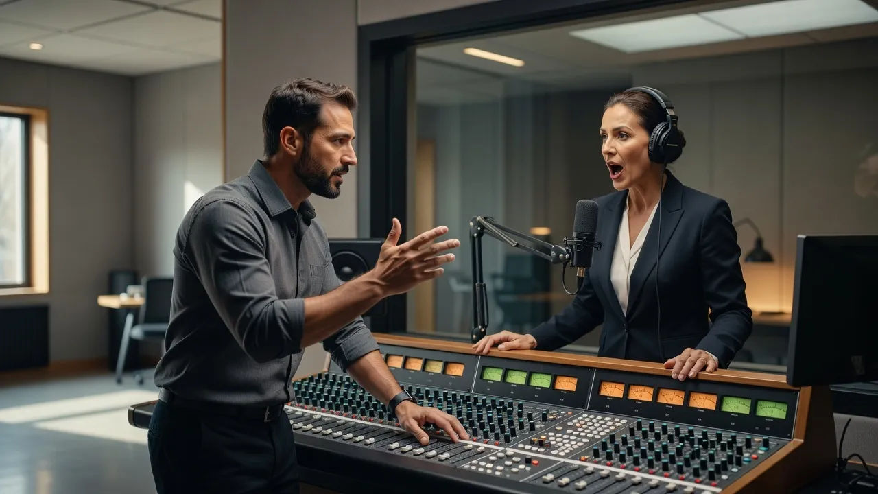 Sound designer directing a bold narrator voice at a console