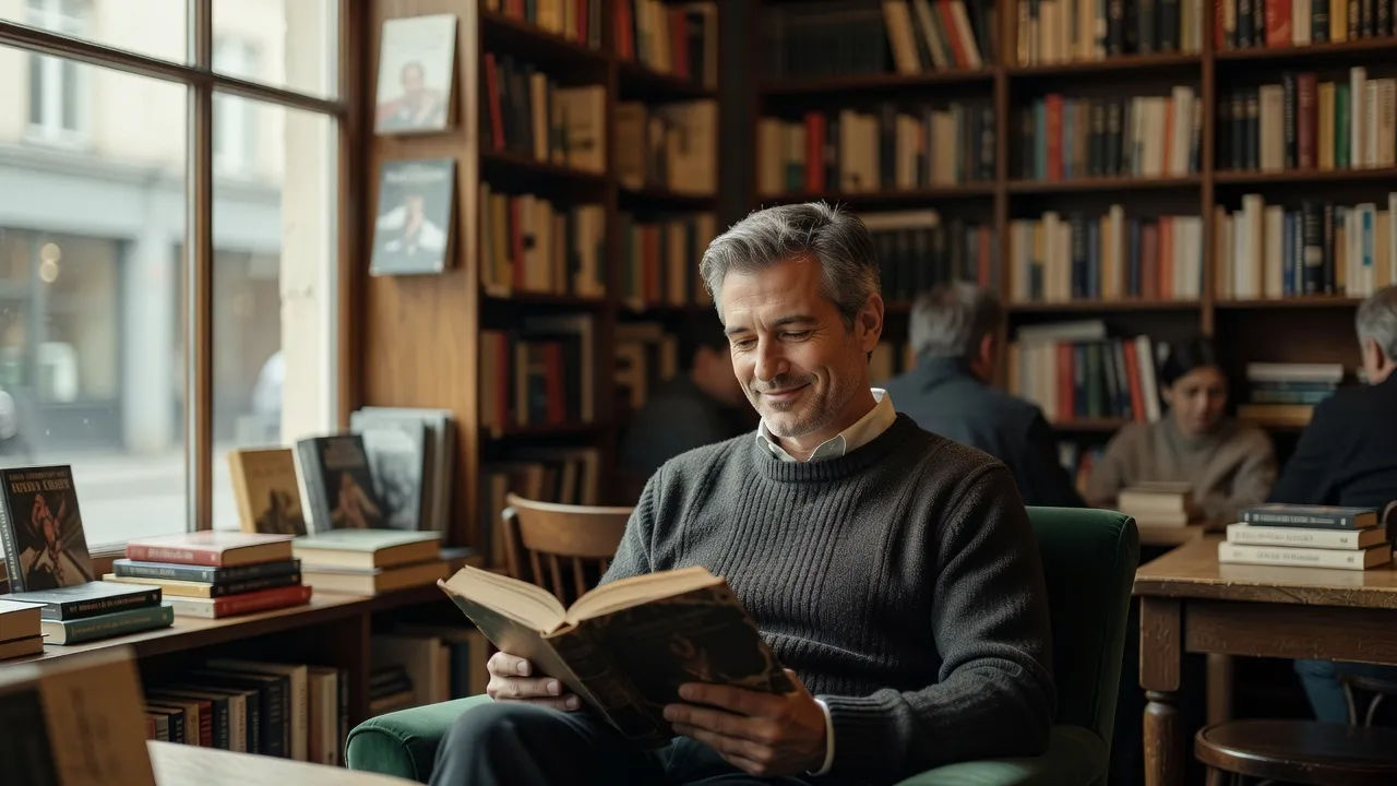 Narrator reading warmly beside a window in a snug bookshop cafe