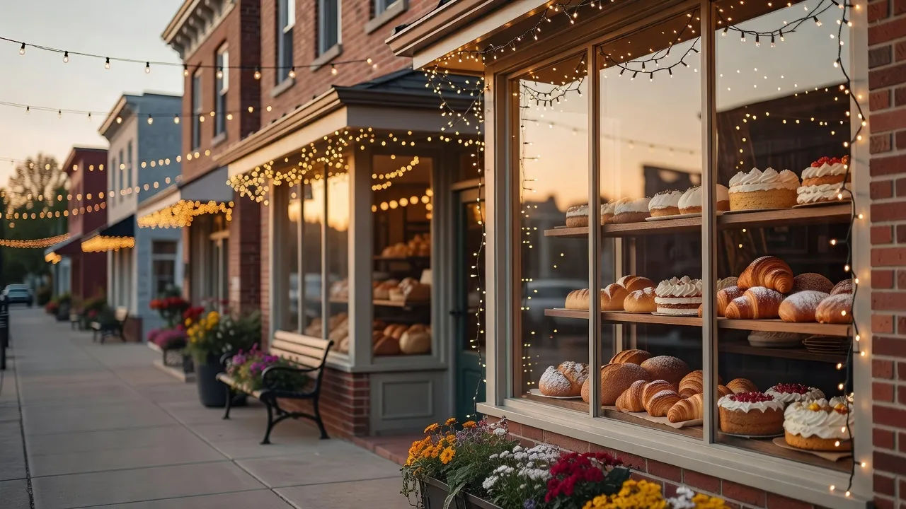 A cozy small-town main street with fairy lights and a bakery window