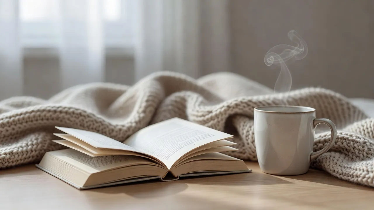 Open romance novel beside a knitted blanket and a steaming mug