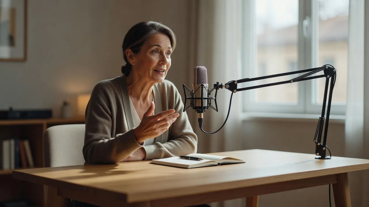 Author directing a warm voice at a cozy home studio desk