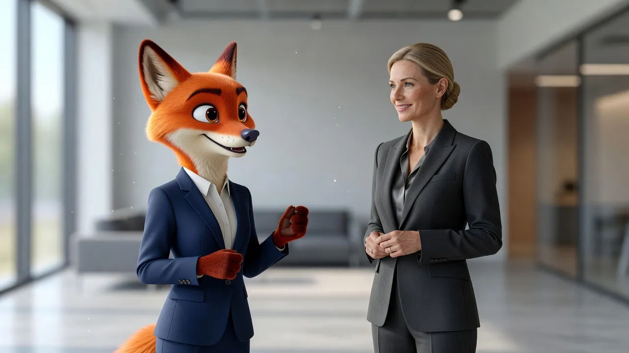Animated character and a brand presenter both voiced with a Czech English accent