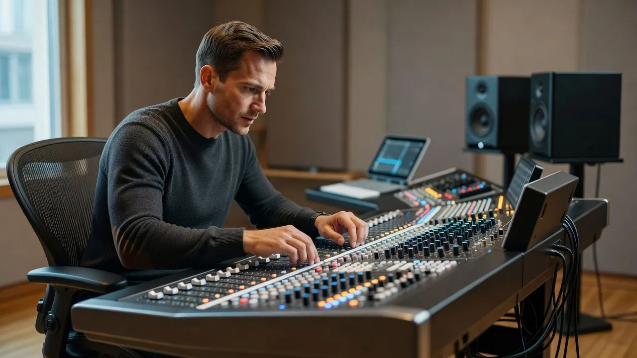 Sound designer directing a Czech English accent voice at a mixing desk