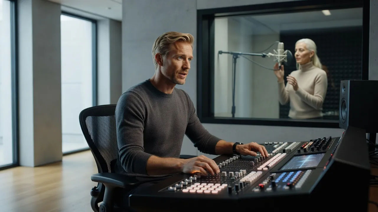 Sound designer directing a Danish accent voice at a console
