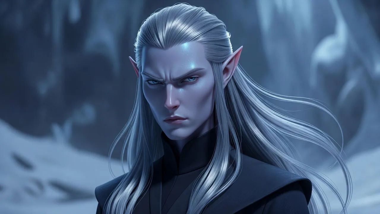 Cartoon dark elf with silver hair and pale violet skin in cold blue light
