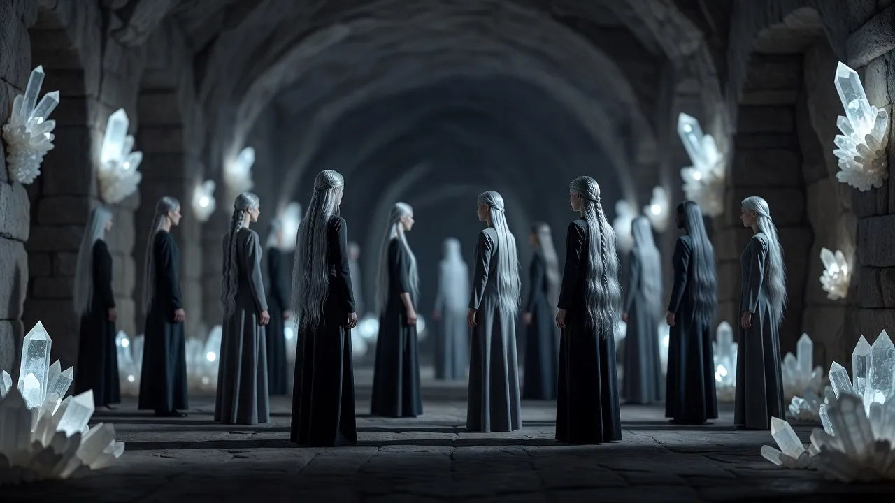 Group of silver-haired figures in a shadowed underground hall lit by pale crystals