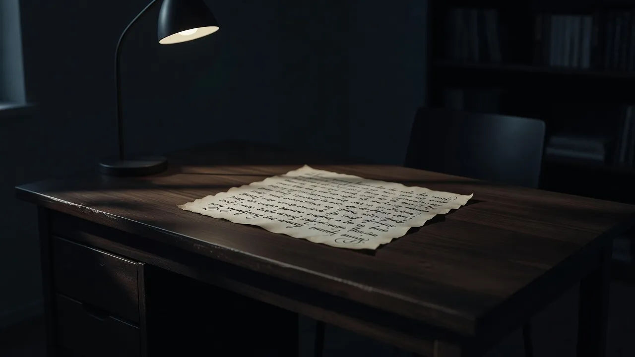 Shadowed study desk with a dark script under a single pale lamp