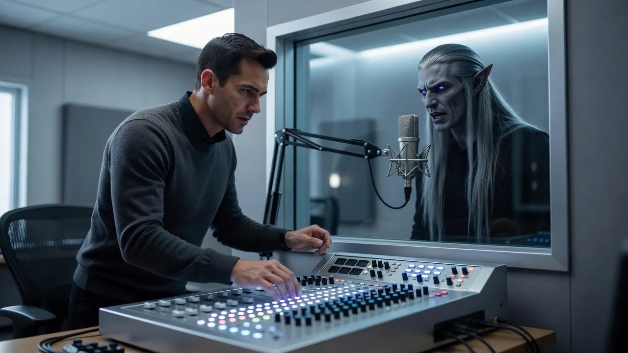 Sound designer directing a dark elf voice at a cold-lit console