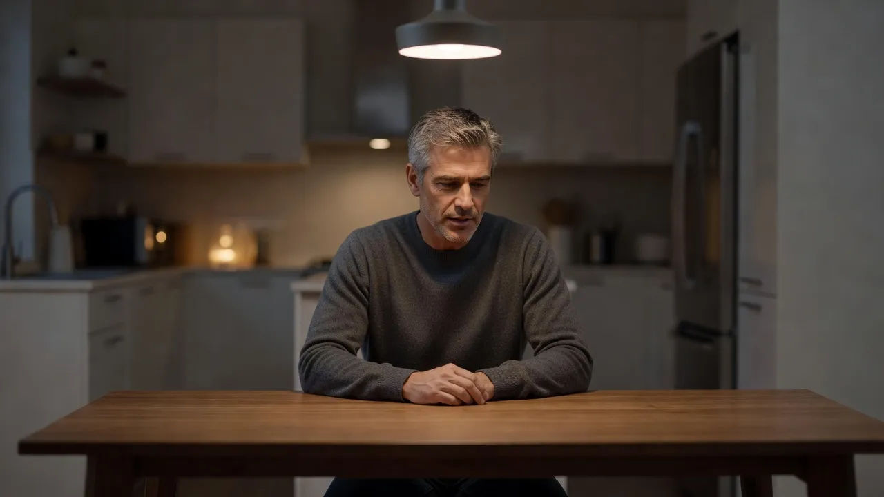 Narrator speaking softly at a dim suburban kitchen table at night