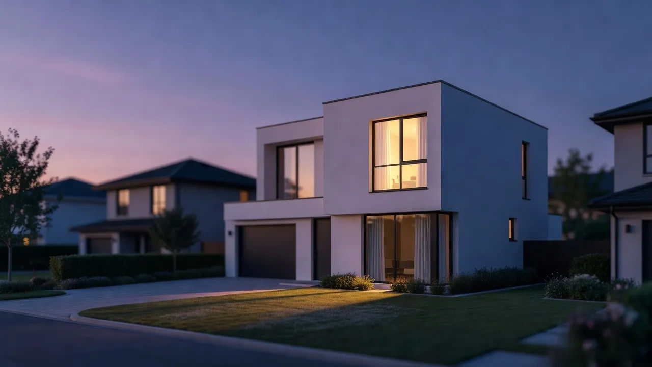 A quiet suburban house glowing from one lit window at dusk