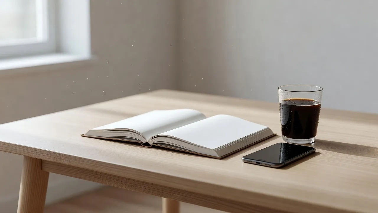 Open manuscript beside a phone and a cold cup of coffee