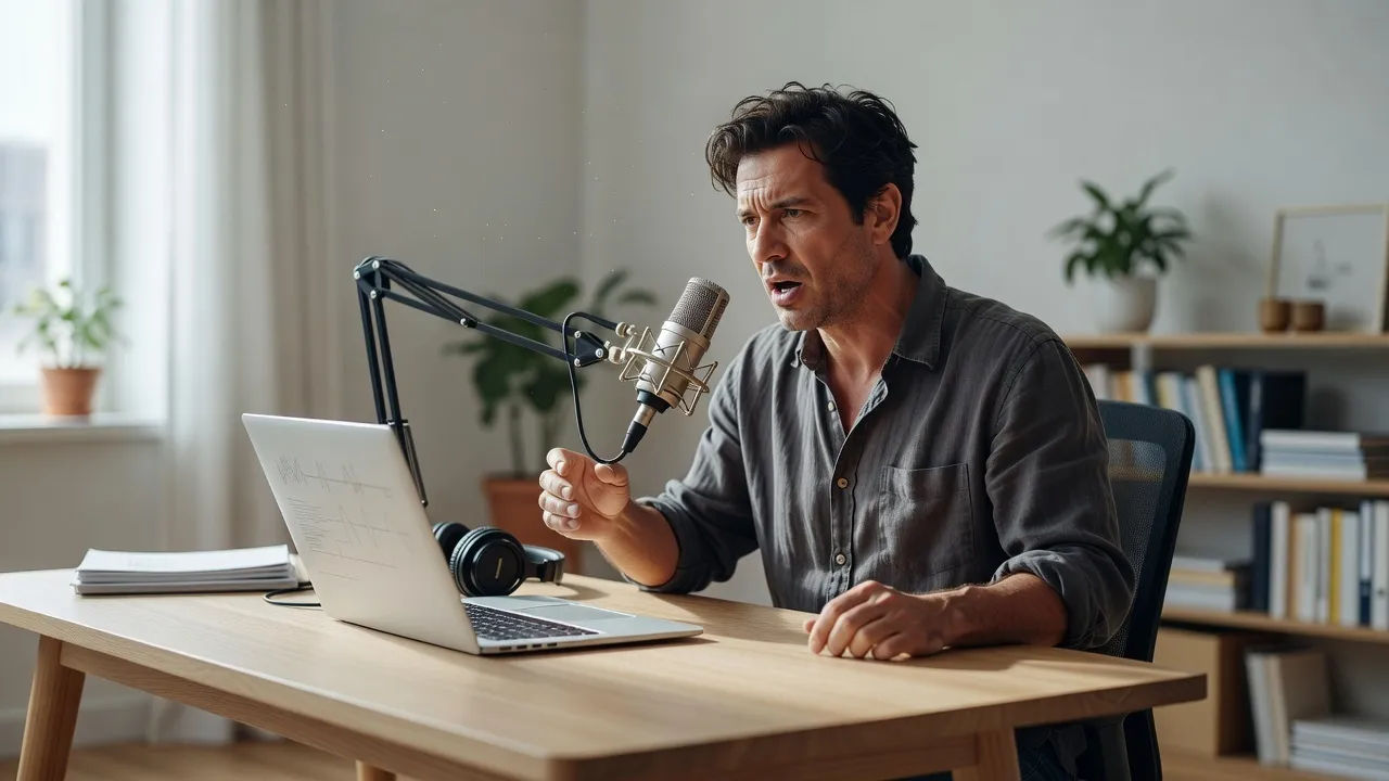 Writer directing a tense voice at a home studio desk