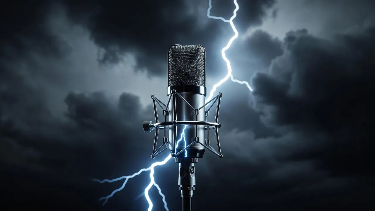 A studio microphone bathed in soft lavender light and faint mist