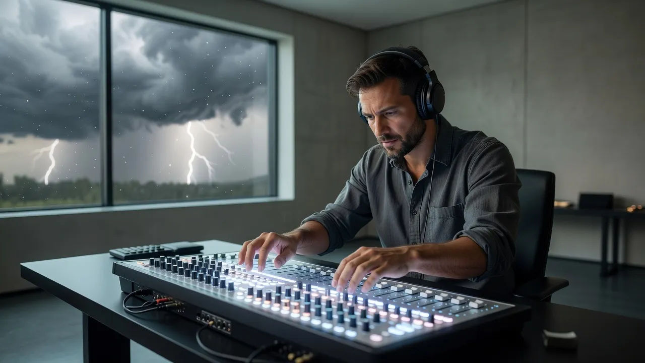 A sound designer shaping a soft glowing dream voice at a dim console