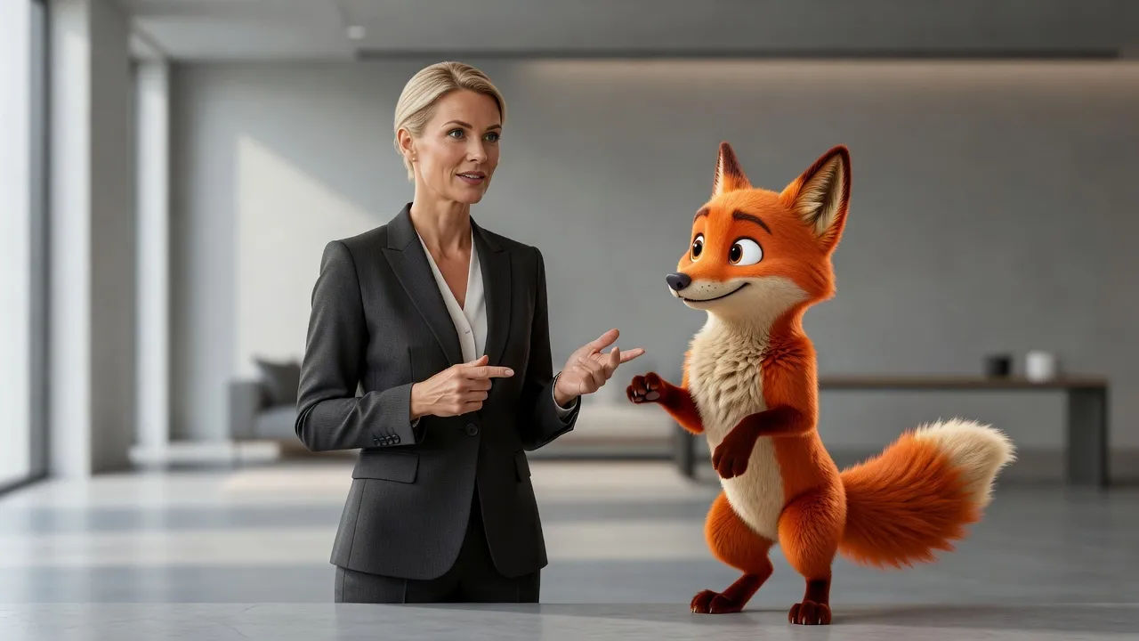 Brand presenter and an animated character both voiced with a Dutch accent