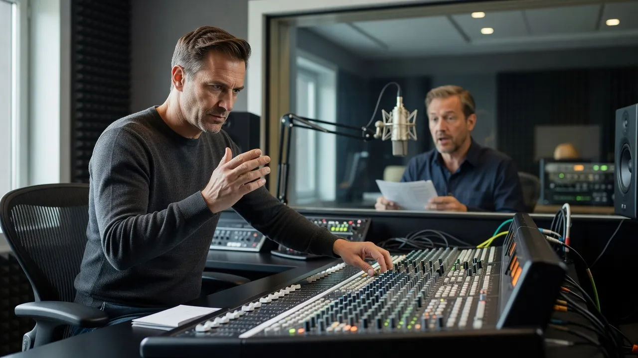 Sound designer directing a Dutch accent voice at a mixing desk