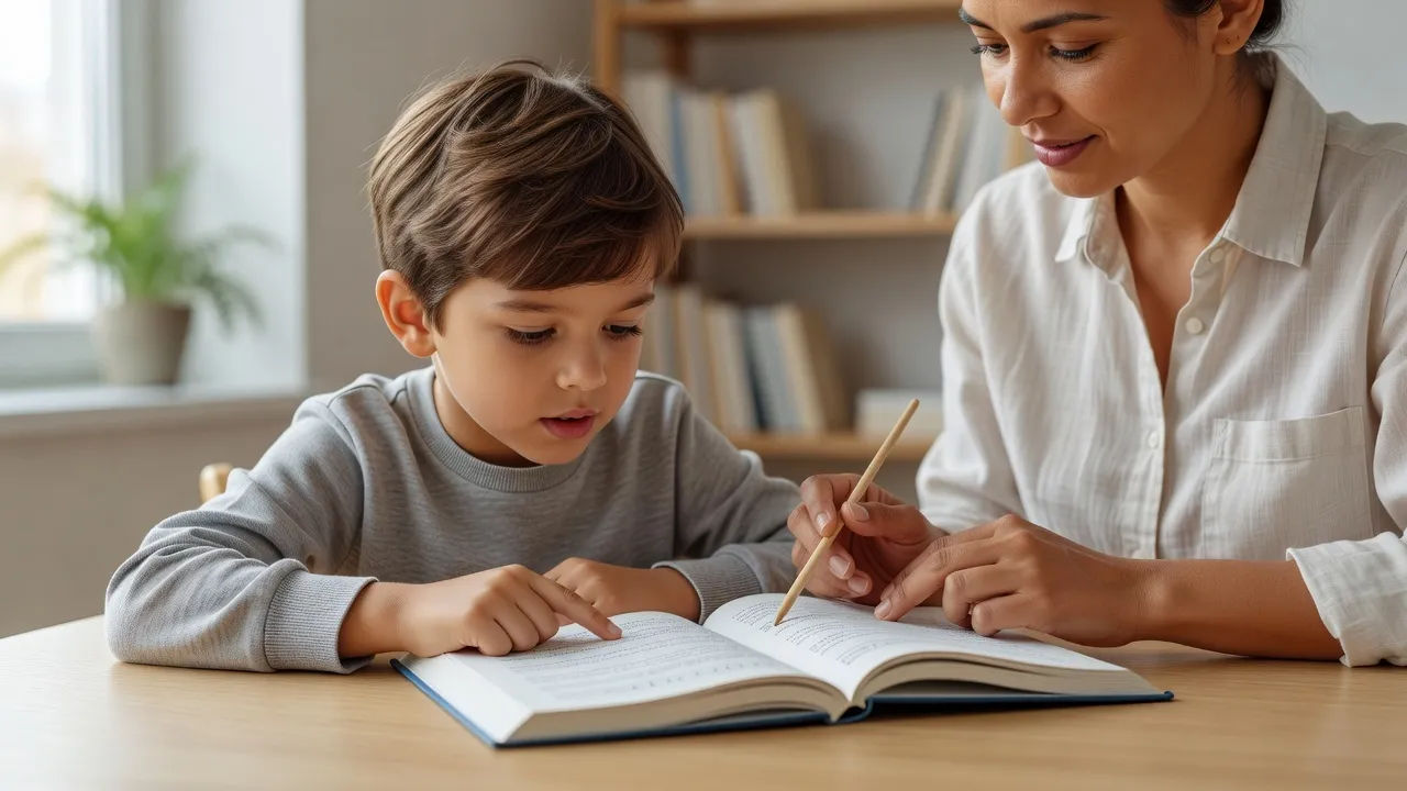 Child following words in a leveled reader while an adult points along