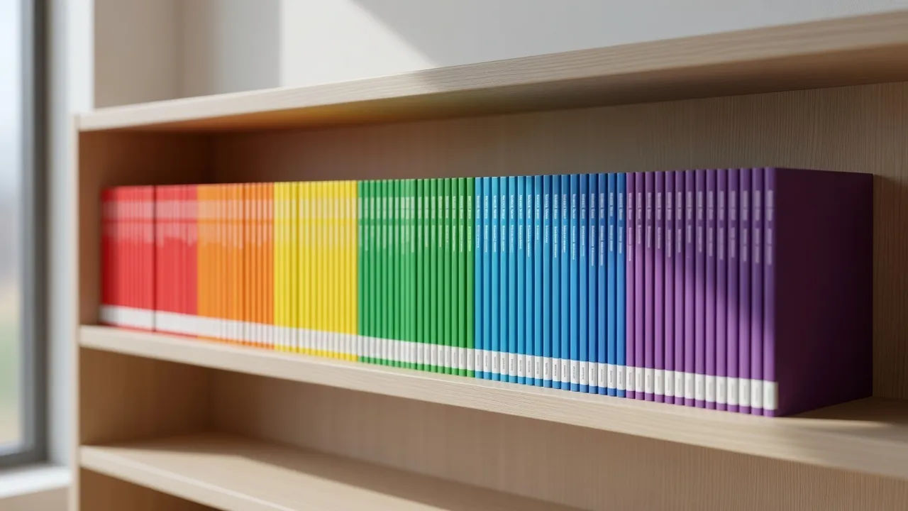 Shelf of thin leveled readers sorted by color-coded reading level