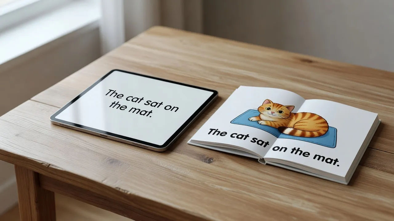 Tablet showing a simple sentence beside an open early reader book