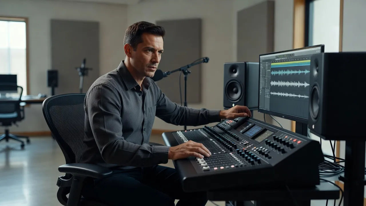 Sound designer directing a clear narrator voice at a console