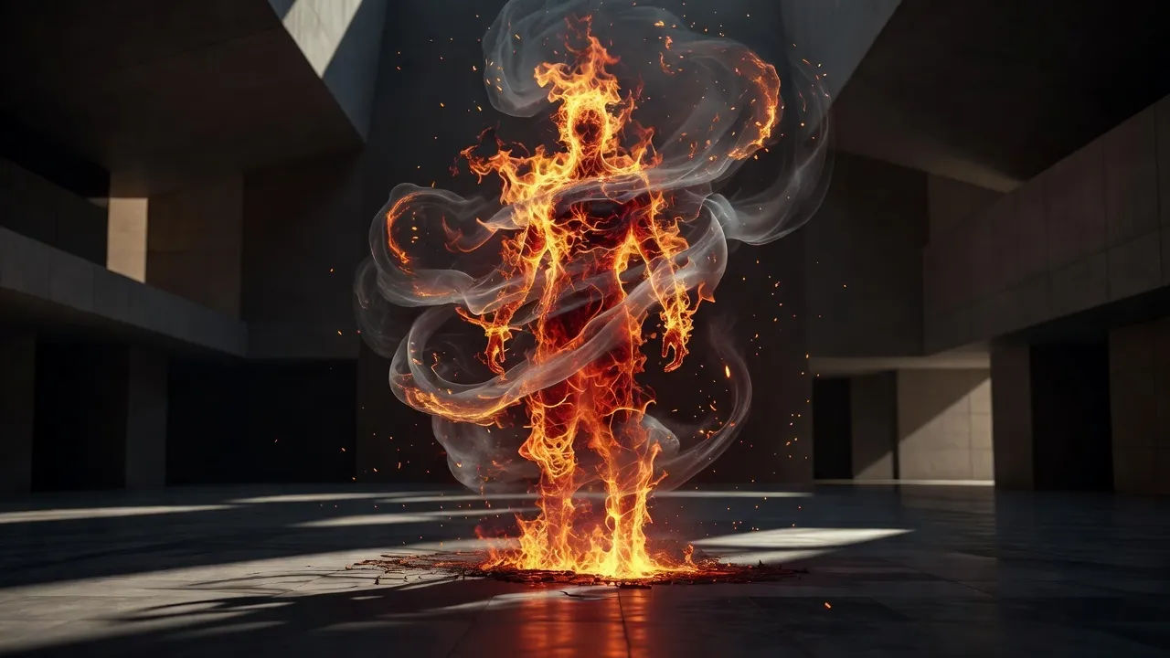 Towering figure of living flame and swirling wind in a dark hall