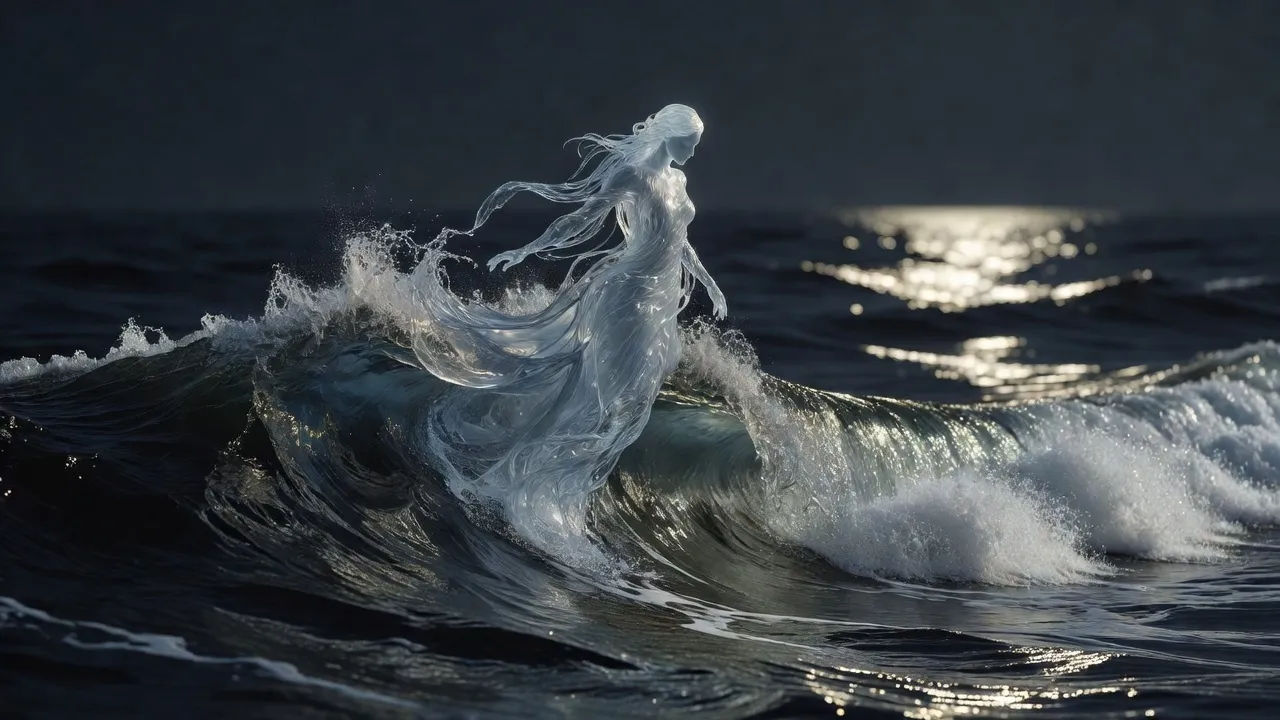 Water spirit forming from a cresting wave under moonlight