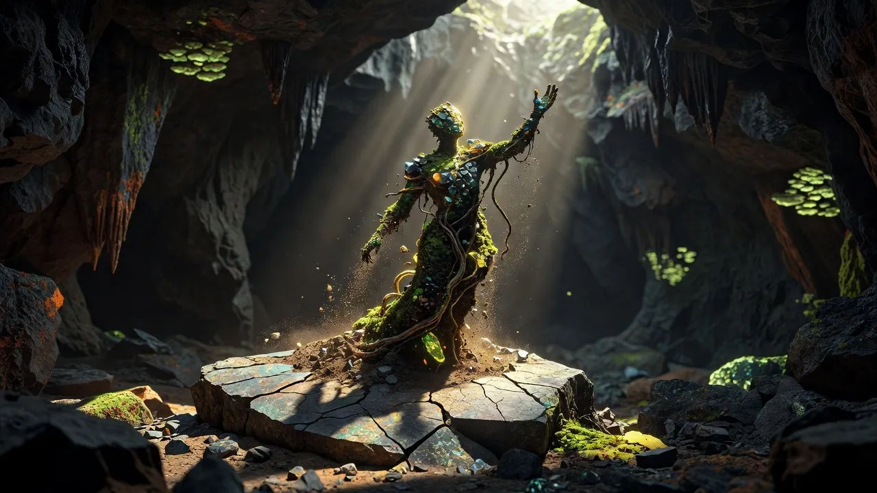 Earth spirit rising from cracked stone in a mountain cavern