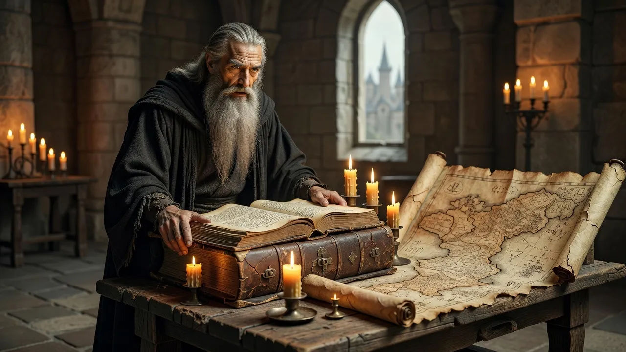 Robed narrator at a candlelit lectern, an old map unrolled beside a tome