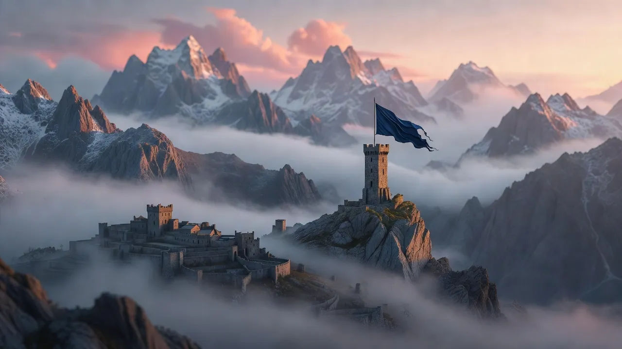 Misty mountain kingdom at dawn with a lone banner on a distant tower