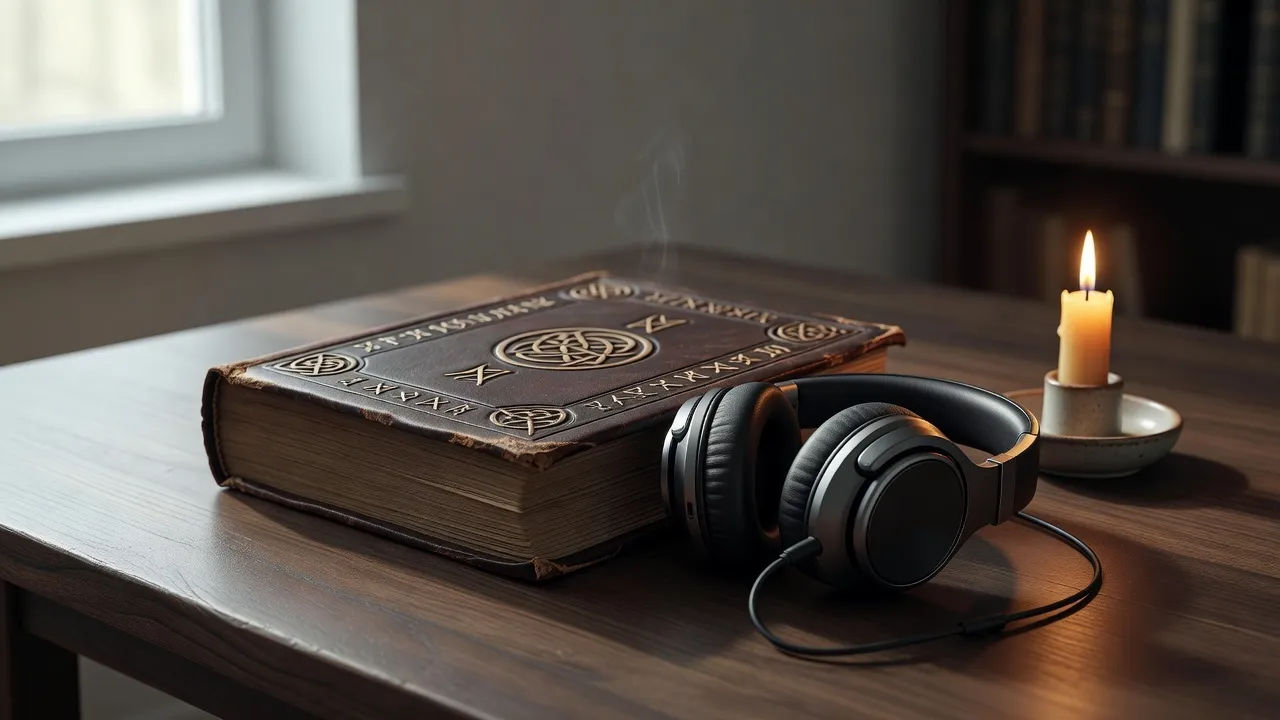 Leather-bound fantasy tome beside headphones and a burning candle