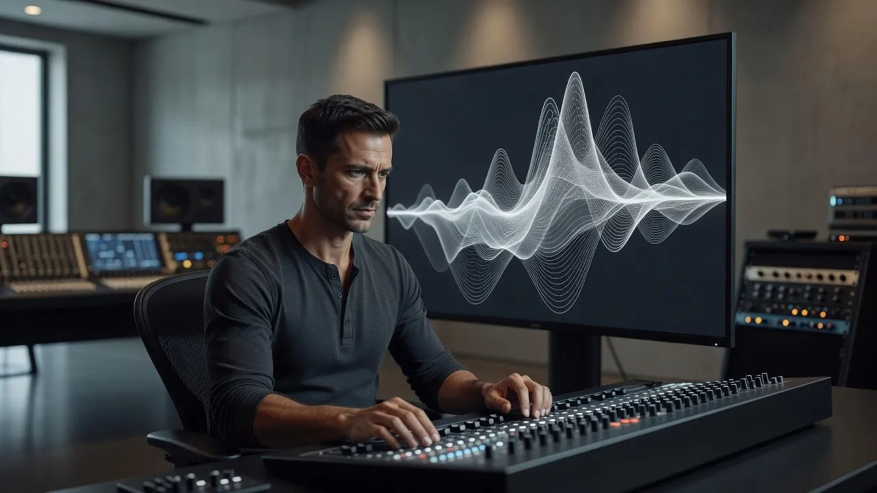 Sound designer at a console with a swelling orchestral waveform on screen