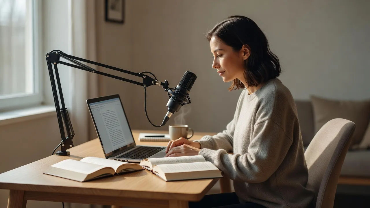 Reader at a cozy desk mic with a chapter open on a laptop