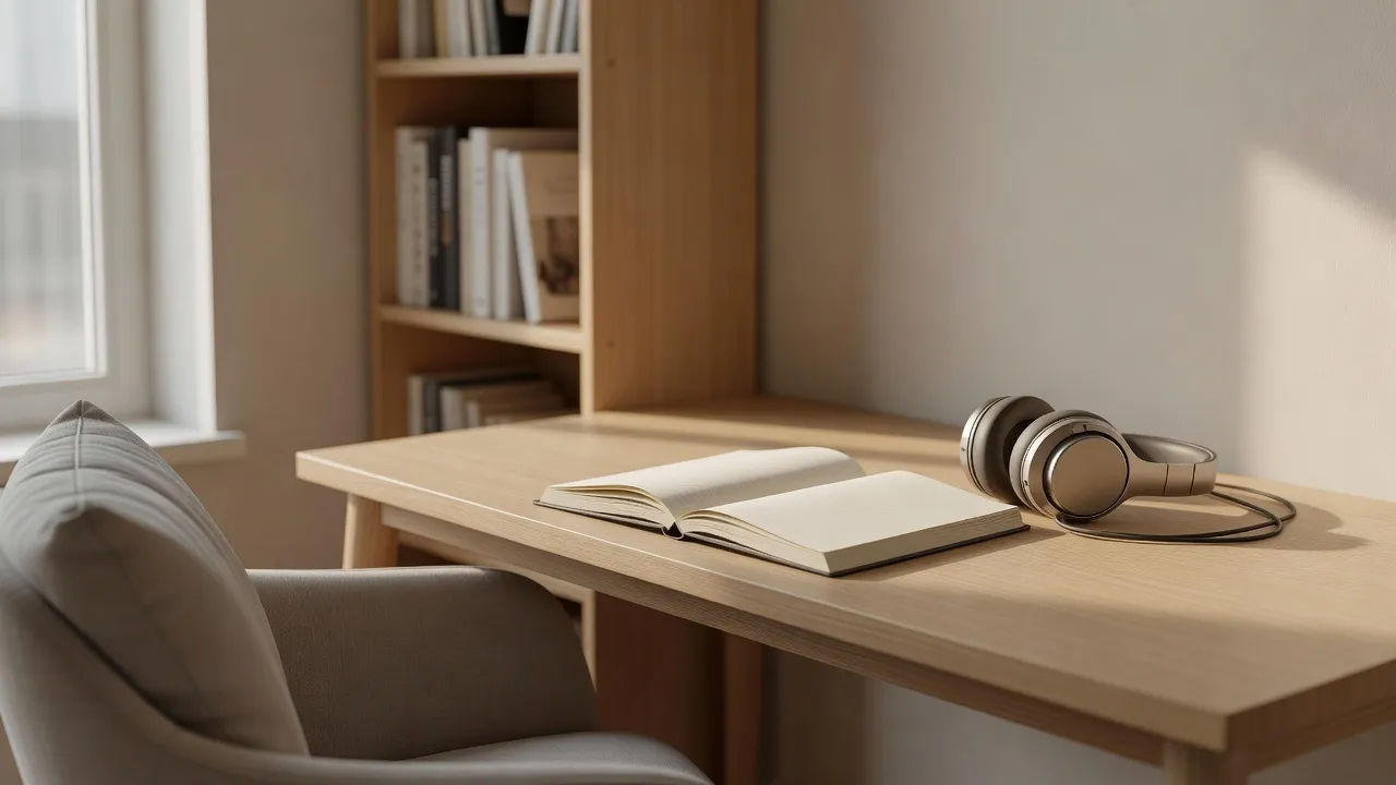 Softly lit reading nook with an open notebook and headphones