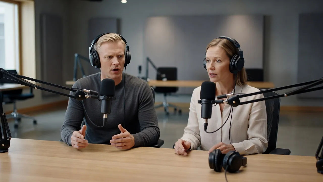 Two speakers with Finnish accents recording a dubbed scene