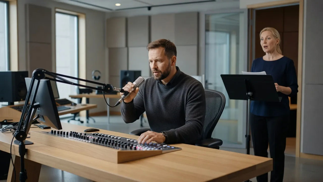 Sound designer directing a Finnish accent voice at a console