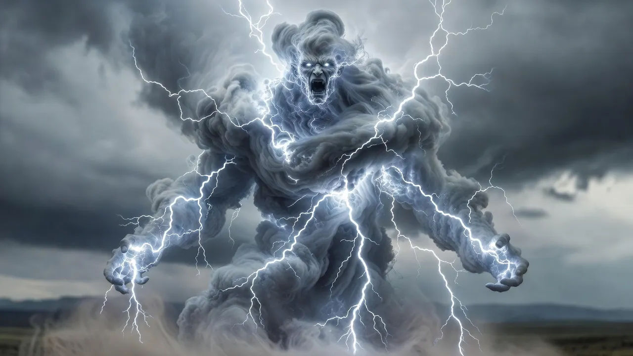 Towering figure of living flame with a fierce burning face