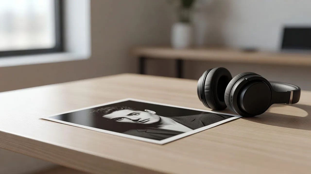 Single printed flash piece on a desk beside headphones