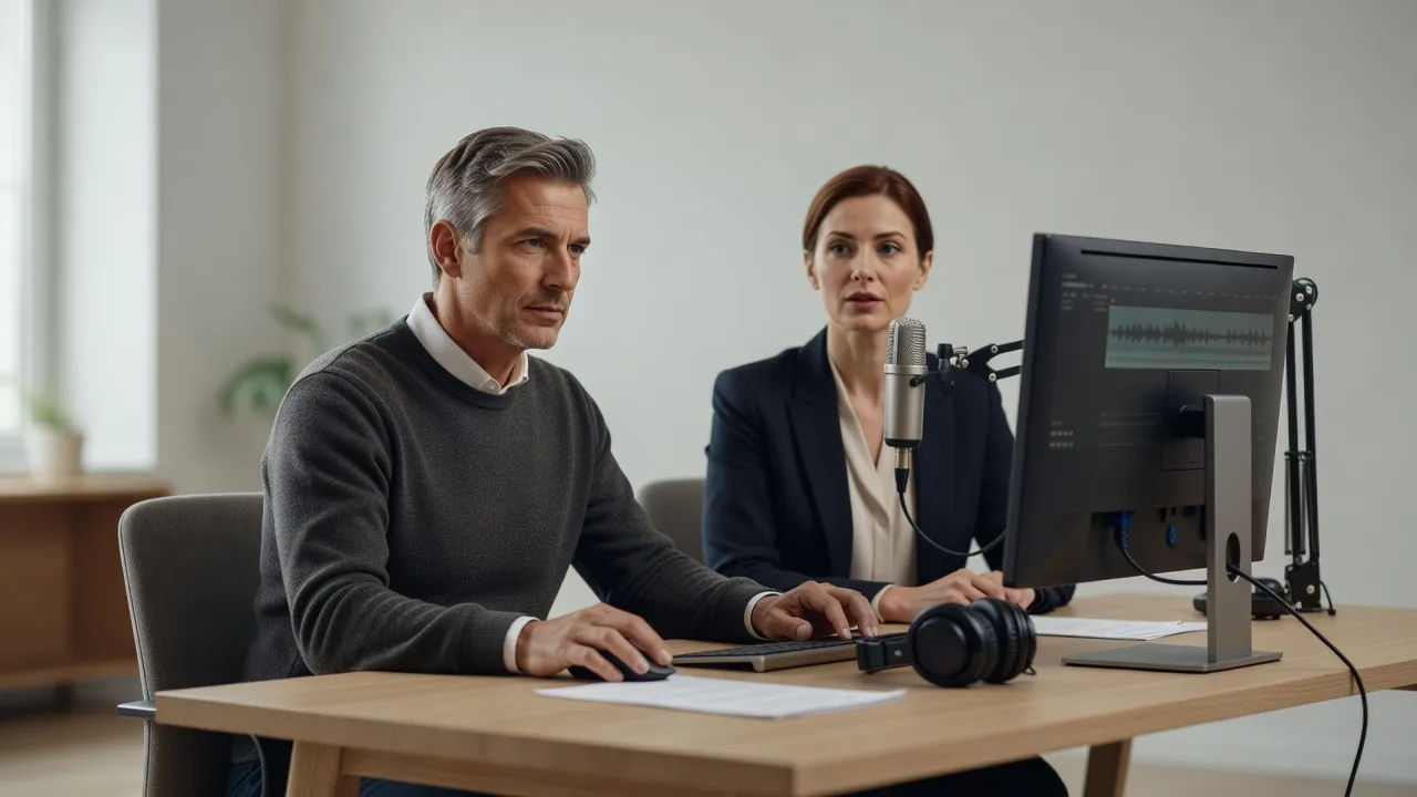 Editor directing a narrator voice at a minimal desk