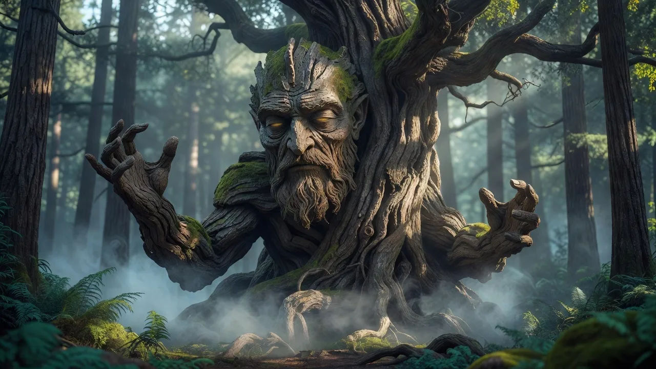 Ancient tree warden with a bark face waking in a misty forest