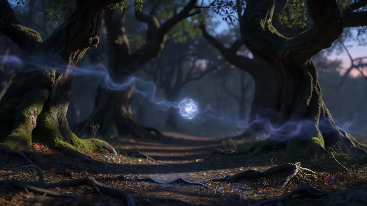 Flickering will-o-wisp drifting between dark trunks at dusk