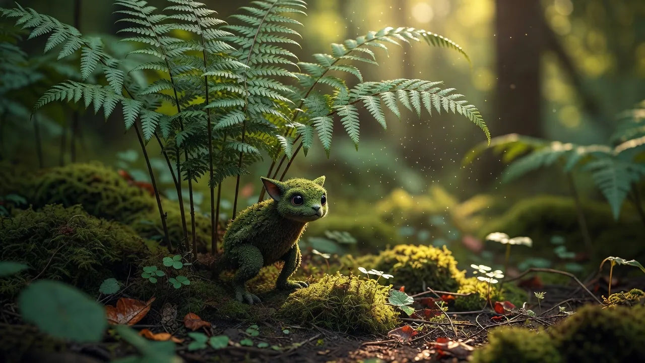 Little moss sprite peeking from a fern in a sunlit glade