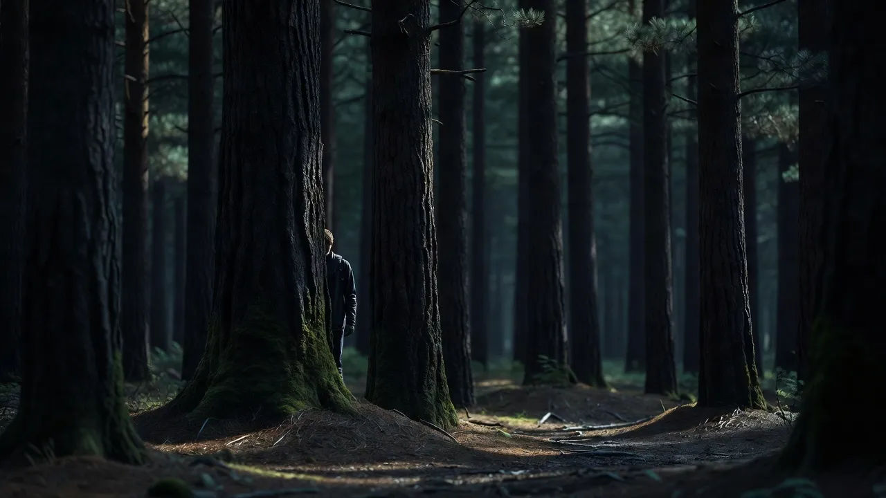 Deep-wood shade half-hidden among towering shadowed pines