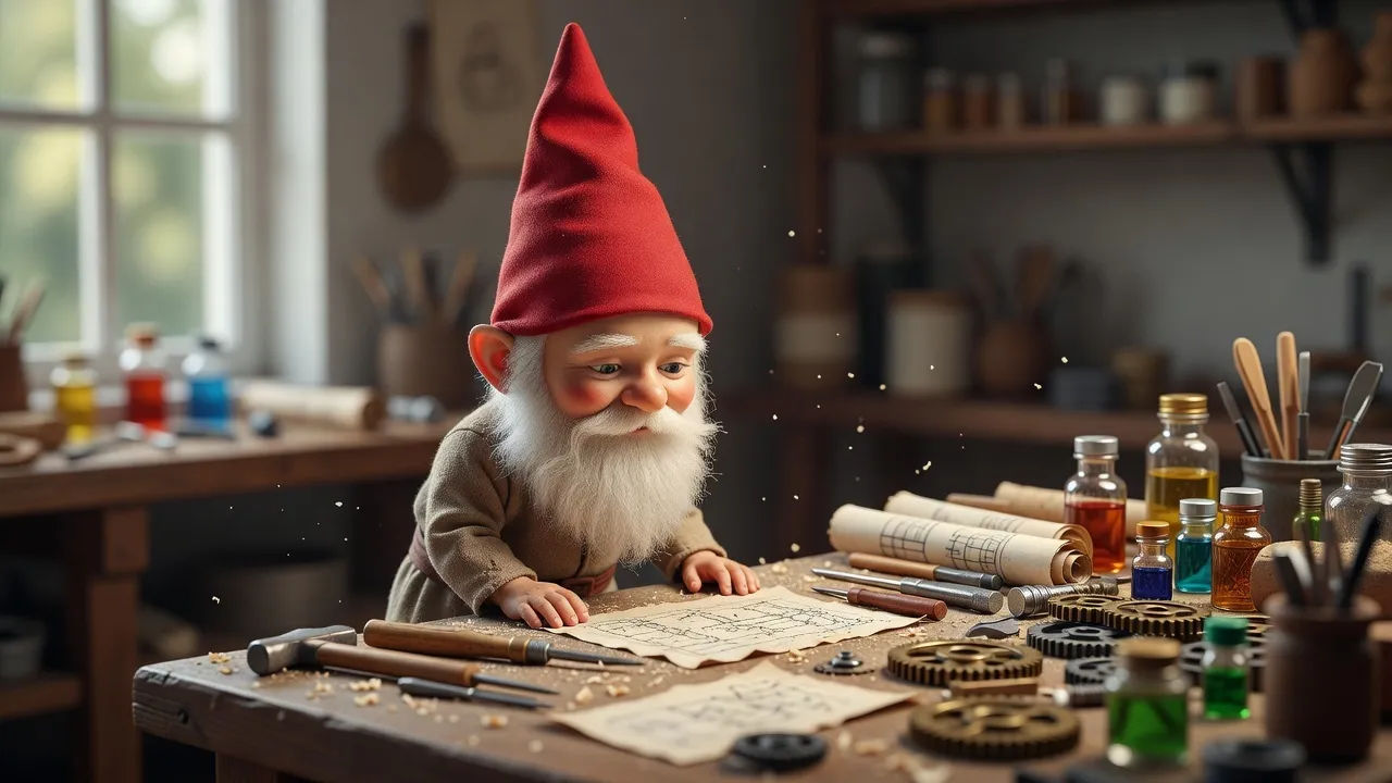 Tiny cartoon gnome with a pointed hat leaning over a cluttered workbench