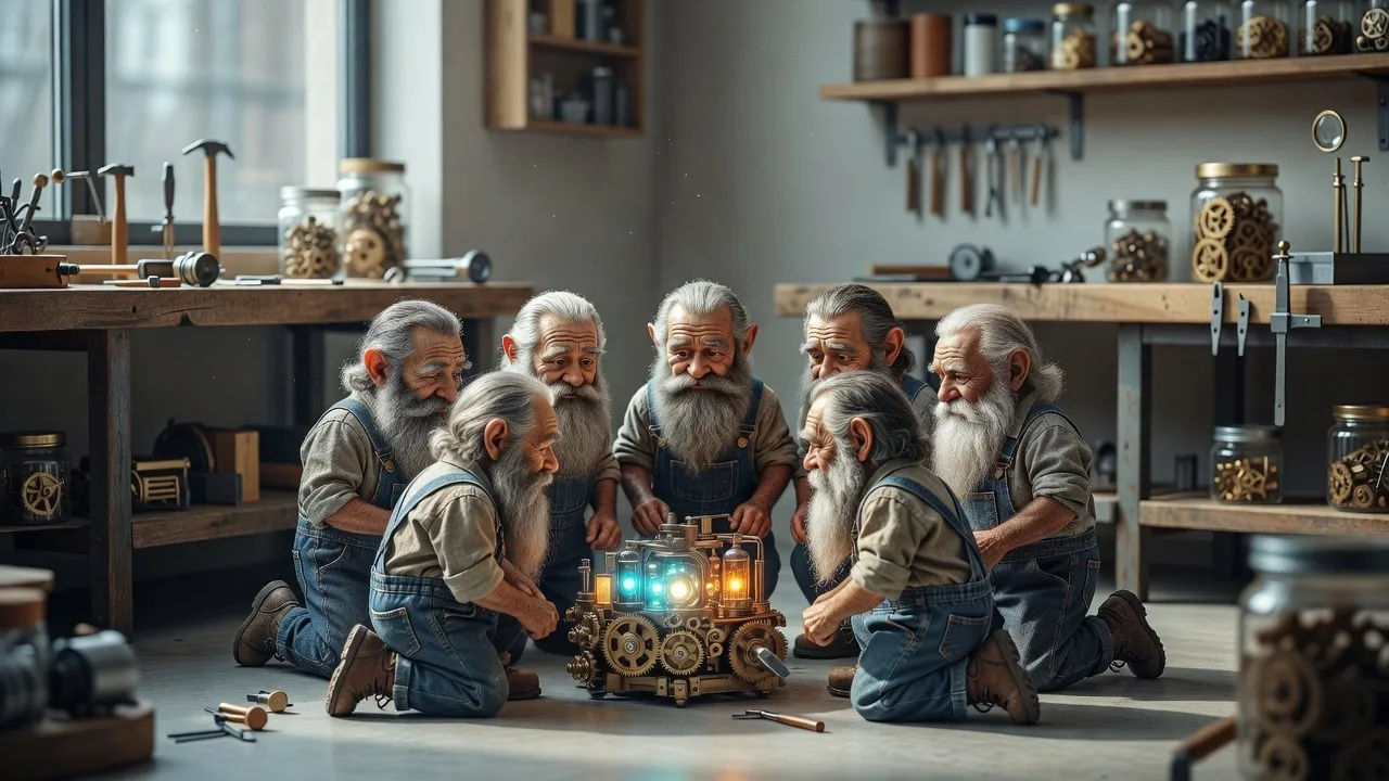 Group of small gnomes gathered around a glowing gadget in a workshop